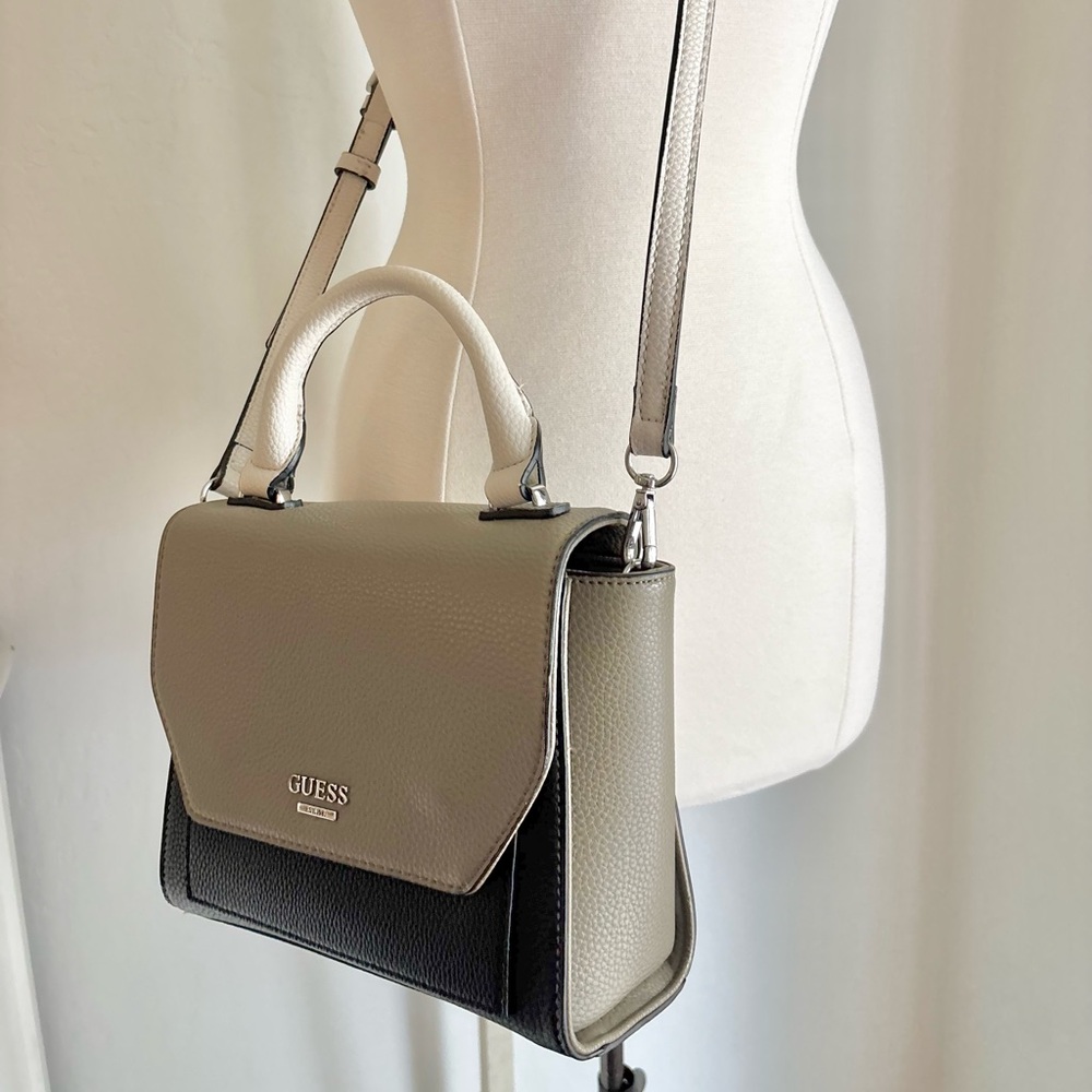 Guess Two-tone Crossbody Bag with Handle, Taupe, Off-White, Black